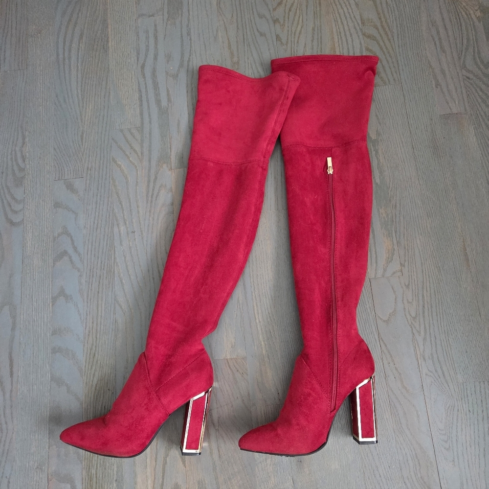 Bamboo Red Faux Suede Thigh High Boots